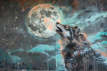 : A stylized graffiti mural of a wolf howling at the moon,