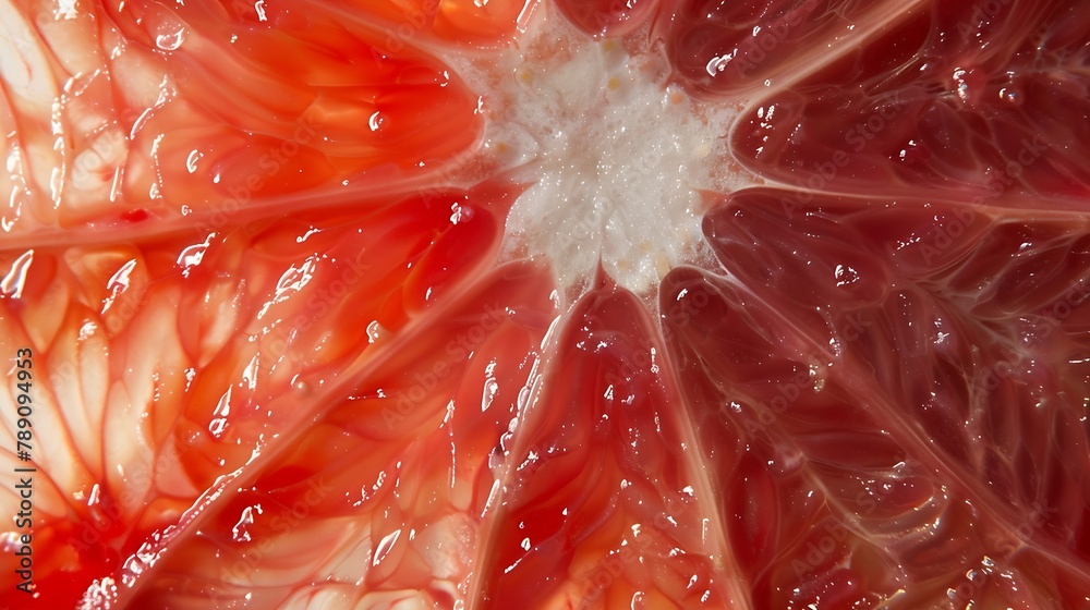 Poster Close up of sliced ripe grapefruit macro Red fresh grapefruit surface background or texture Top view : Generative AI