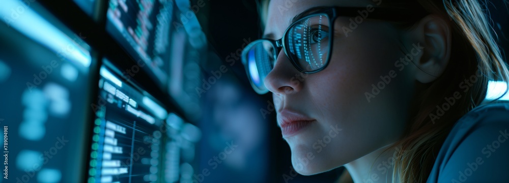 Poster A professional data scientist analyzes large amounts of information and ensures its security in the data center using advanced technologies. Close-up in banner format