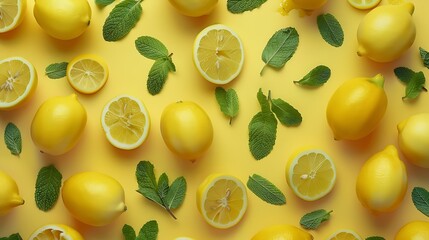 Fresh yellow lemons with mints overhead view  flat lay : Generative AI