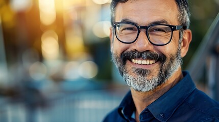 Obraz premium Portrait of happy mature man wearing spectacles and looking at camera outdoor Man with beard and glasses feeling confident Close up face of hispanic business man smiling : Generative AI