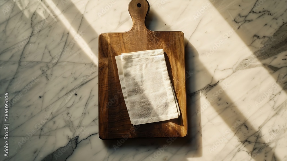 Aufkleber wood cutting board with napkin on marble table top view : generative ai