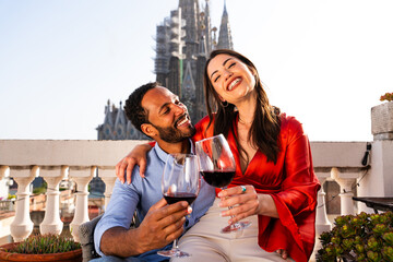 Fototapeta premium Multiracial beautiful happy couple of lovers dating in Barcelona