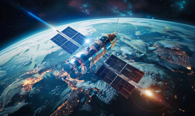 Telecom satellite orbiting globe, futuristic hologram data technology, online connection, GPS space orbit services