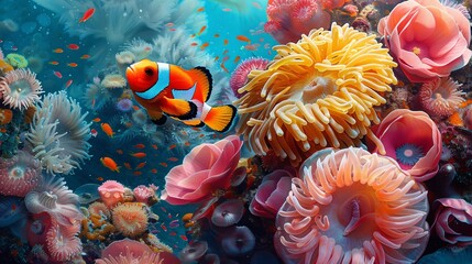 a captivating image showcasing the graceful swimming of a beautiful anemonefish amidst vibrant coral reef, capturing the vivid colors and intricate details in a mesmerizing underwater scene
