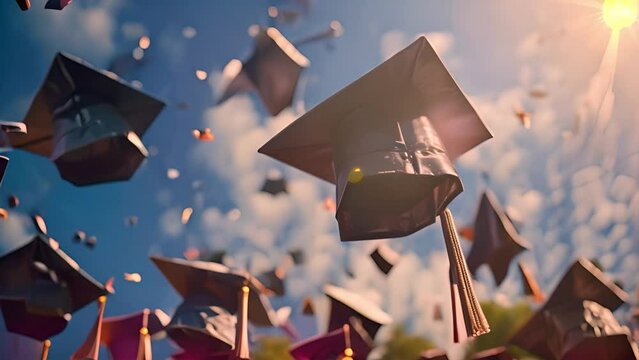 Graduation hats flying in the sky. Graduate are celebrating graduation Throwing hands up a certificate and Cap in the air, Happiness cheerful feeling, Commencement, Graduation day on sky background.4k