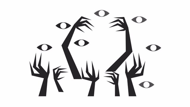 Frightening hands and eyes outline cartoon animation. Schizophrenic disorder 4K video motion graphic. Monsters attacking 2D monochrome linear animated claws isolated on white background