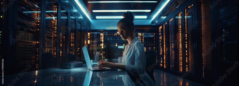 Aufkleber Professional female network maintenance deeply immersed in her work in data center, using laptop to debug servers and network equipment and maintain stable operation
