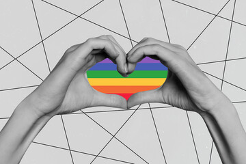3D photo collage composite trend image of black white silhouette heart rainbow shape made from hand fingers show love lgbt gay lesbian - obrazy, fototapety, plakaty