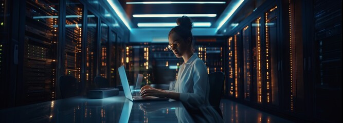 Professional female network maintenance deeply immersed in her work in data center, using laptop to debug servers and network equipment and maintain stable operation