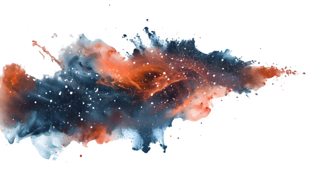 Cosmic black and orange paint splashes isolated on transparent background, PNG, Ai