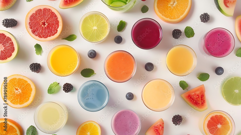Aufkleber creative layout made of smoothies and fruits around flat lay food concept smoothies on the white bac