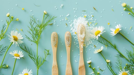 Bamboo toothbrushes beautiful chamomile flowers sea salt and herbs on turquoise background flat lay...
