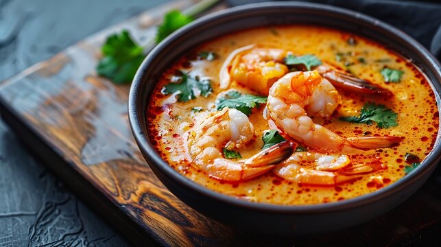 Tom Yam kung spicy Thai soup with  prawn and coconut milk Traditional  asian spicy coconut milk soup : Generative AI