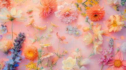 Vibrant spring garden flowers creative floral flat lay background romantic  pastel vibes :...