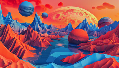 A surreal landscape with floating mountains, surrealistic planets and abstract shapes, in the style of paper cut, Generative AI
