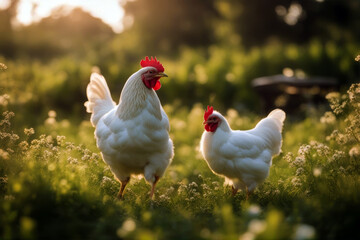 Fototapeta premium Chicken meadow garden happy faucet red egg colourful crest harem sunny tail ornament grass white spring black fowl breeder hobby