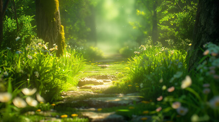 A stone path winds through a lush green forest with pink flowers on either side

