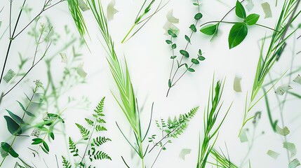 Stylish Botanical background Varied forest grass and leaves with gold washi tape on a white...