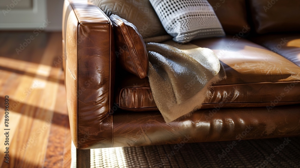 Poster close up of isolated modern elegant brown leather lounge sofa on timber floor within federation hous