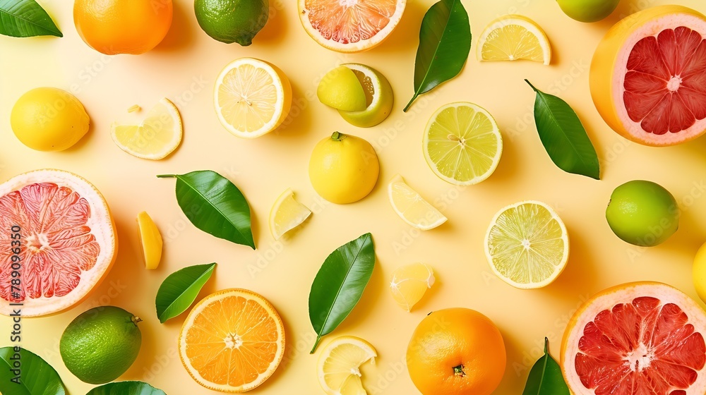 Aufkleber creative background made of summer tropical fruits with leaves grapefruit orange tangerine lemon lim