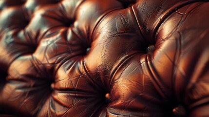 Closeup of an elegant vintage Chesterfield pattern brown leather sofa with seat and cushions :...