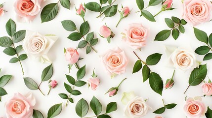 Floral pattern made of pink and beige roses green leaves branches on white background Flat lay top...