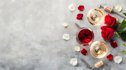 Flatlay of red rose and white wine in glasses and corkscrews over grey concrete background top view copy space Wine bar winery wine degustation concept : Generative AI - obrazy, fototapety, plakaty