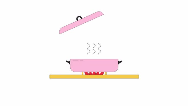 Lifting lid off pot on stove line 2D object animation. Raising steam cookware. Cooking kitchenware flat color cartoon 4K video, alpha channel. Boiling water in pot animated item on white background