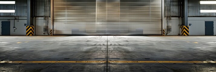 Obraz premium Empty warehouse interior with large windows. with roller shutter door and concrete floor. Industrial background