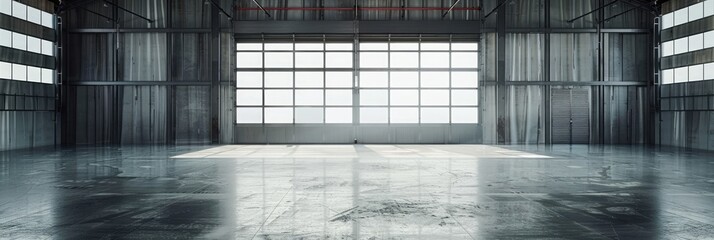 Empty warehouse interior with large windows. with roller shutter door and concrete floor. Industrial background