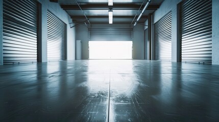 Empty warehouse interior with large windows. with roller shutter door and concrete floor. Industrial background