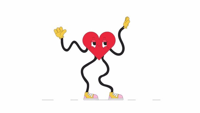 Retro funky heart with wavy arms and legs line 2D character animation. Romantic heartshape flat color cartoon 4K video, alpha channel. Dancing valentines mascot animated personage on white background