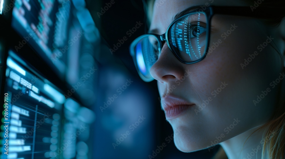 Poster The data processing professional learns new technologies and analysis methods to optimize the infrastructure in the data center. Close-up of woman in glasses