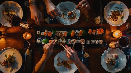 Family lockdown Japanese sushi dinner from delivery service at home Flatlay of table with salmon crab prawn vegan rolls wasabi ginger and people eating together over dark background to : Generative AI
