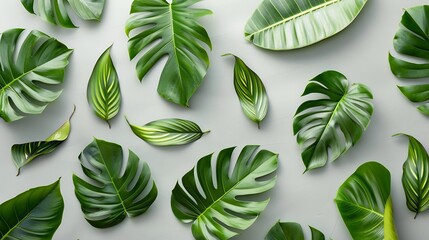 Leaf pattern Green tropical leaves on gray background Summer concept Flat lay top view copy space square : Generative AI