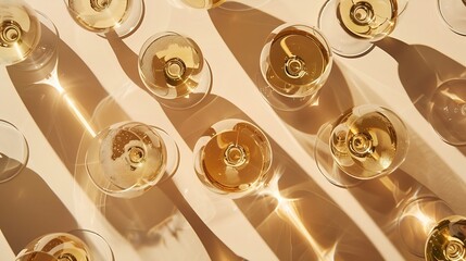 Summer party drinks flat lay wine glasses with white sparkling wine and sunshine shadow on light table Minimal pattern with beautiful wine glasses above view still life beige golden ne : Generative AI - Powered by Adobe