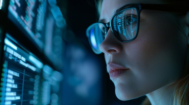 The data processing professional learns new technologies and analysis methods to optimize the infrastructure in the data center. Close-up of woman in glasses - Powered by Adobe