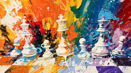 Vibrant Abstract Chess Battle Explosion with Vivid Colors - obrazy, fototapety, plakaty