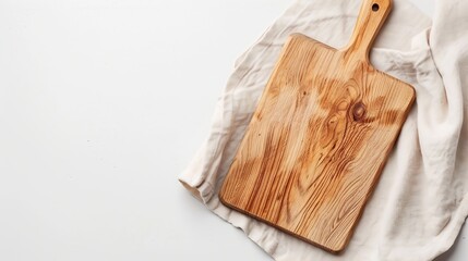 Fototapeta premium Wood cutting board on linen napkin isolated on white background top view : Generative AI