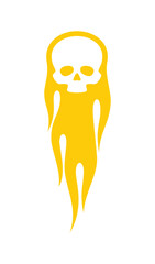 Vector burning skull. Yellow flames. Isolated on white background.