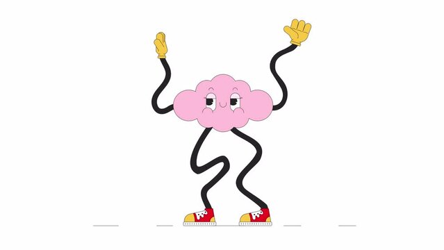 Groovy cloud moving arms and legs line 2D character animation. Trendy retro shape smiling flat color cartoon 4K video, alpha channel. Weather mascot swaying animated personage on white background