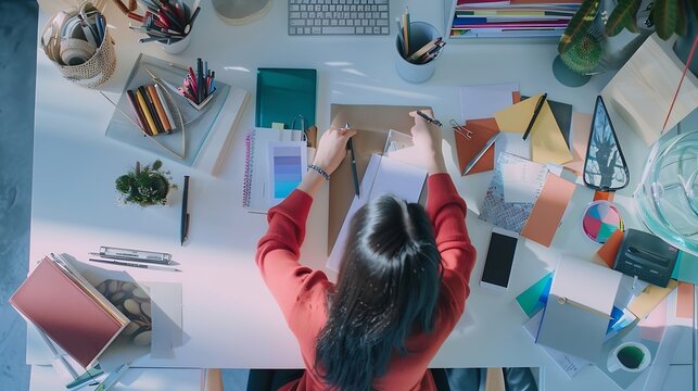 Flat lay top view of designer working at her desk : Generative AI - Powered by Adobe