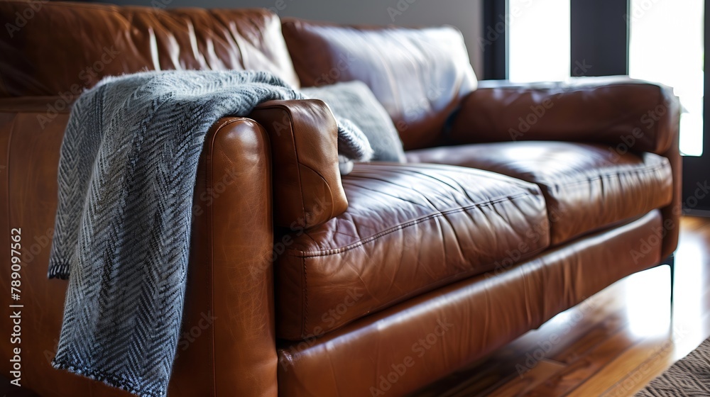 Poster close up of isolated modern elegant brown leather lounge sofa on timber floor within federation hous