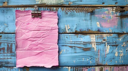 Crumpled pink paper on blue painted wooden planks