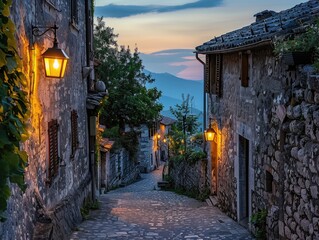 Village Lanterns: In the quiet alleyways of the mountain village - obrazy, fototapety, plakaty