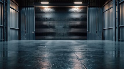 Empty warehouse interior with large windows. with roller shutter door and concrete floor. Industrial background
