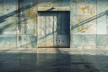 Empty warehouse interior with large windows. with roller shutter door and concrete floor. Industrial background