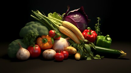 Composition with a variety of raw vegetables on a dark background. Balanced diet