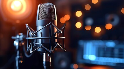 Close up shot of a professional microphone in the sound recording studio for voice over and dubbing, with a concept of podcasting.